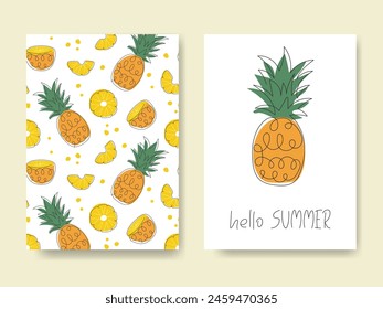 Summer fruit greeting cards. Doodle abstract pineapple. Cute hand drawn hello summer background. Tropical fresh sweet ananas. Template for card, poster, banner, cover