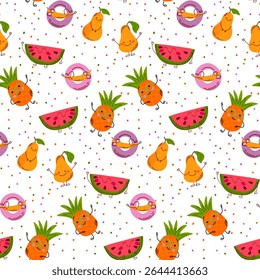 Summer fruit holiday seamless pattern. Happy smiling characters of pineapple in glasses, pear, banana on air mattress. Dotted background. Textile, fabric, packaging, baby products. Vector illustration
