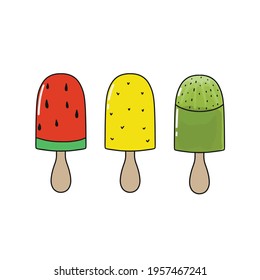 Summer fruit ice cream on stick fruity  flavors, watermelon, pineapple and kiwi tastes