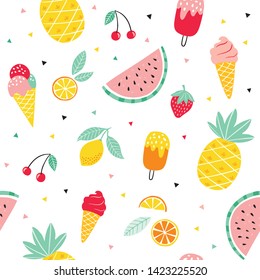 Summer fruit and ice cream pattern. Cute vector seamless background with pineapple, watermelon, lemon, orange, strawberry, ice cream cone, popsicle.