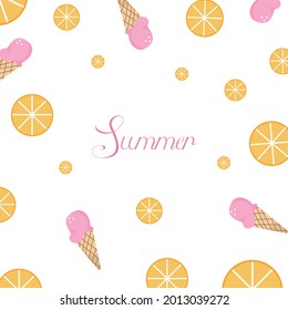 Summer fruit and ice cream pattern. Cute vector seamless background with pineapple, watermelon, lemon, orange, strawberry, ice cream cone, popsicle.
