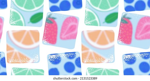 Summer fruit ice cube seamless pattern illustration. Modern flat cartoon frozen fruits ingredient background. Fresh apple, orange, banana, strawberry and more.