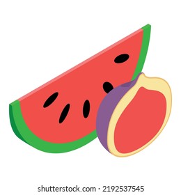 Summer fruit icon isometric vector. Fresh ripe watermelon slice and half fig. Useful fruit, organic nutrition, healthy lifestyle