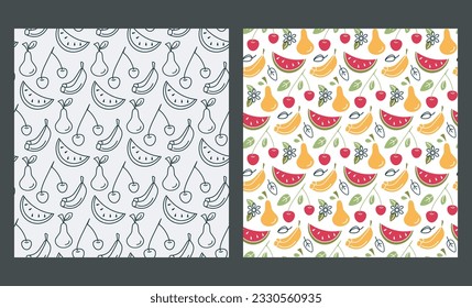 Summer Fruit icon symbol seamless patterns set of 2. Doodle cute flat cartoon design, outline black line contour, colored fill. Watermelon, cherry, banana, pear. White background. Vector illustration