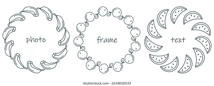 Summer fruit icons frame set. Hand drawn rounded border, outline black stroke graphic, linear doodle style design. Empty text space. White background. Vector illustration