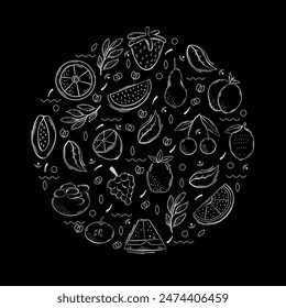 Summer fruit isolated elements. Hand draw. Black background. White vector abstract design for paper, cover, fabric, interior decor and other use