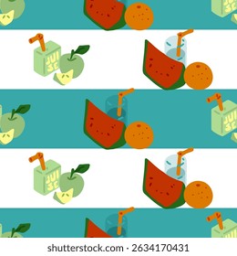 Summer Fruit Juice Seamless Pattern — flat cartoon design with apples, oranges, watermelon, juice boxes, and drinks over teal and white stripes, perfect for summer themes.