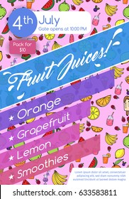 Summer Fruit Juice Smoothie Food Doodles Icons and Symbols Background Flyer Poster Template Layout Vector Art Illustration
