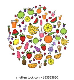 Summer Fruit Juice Smoothie Food Doodles Icons and Symbols Circle Background Vector Art Illustration