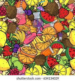 Summer Fruit Juice Smoothie Food Doodles Icons and Symbols Seamless Texture Patter Background Vector Art Illustration