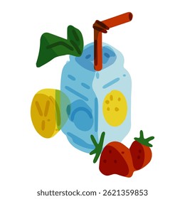 Summer Fruit Lemonade Cartoon Illustration. Cartoon-style lemonade in a jar with lemon slices, strawberries, mint leaf, and straw. Bright flat colors, isolated on white background.