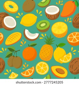 Summer fruit medley seamless pattern on green background