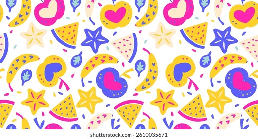 Summer Fruit Pattern  Apple Banana Watermelon Crayon Bg Texture Vector Chalk Cartoon Seamless Abstract Background Chalk Organic Print