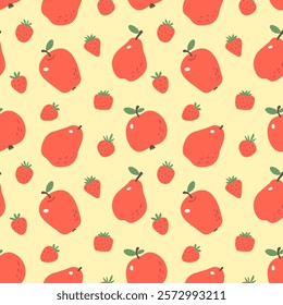 Summer fruit pattern. Apples, pears, strawberries for seamless fabric print. Cute cartoon texture for summer textiles. Hand drawn fruits, berries on soft pale yellow background. Juicy fruit wallpaper.