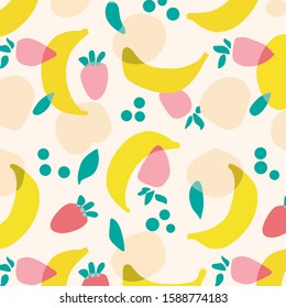 summer fruit pattern banana and strawberry isolated in pink backgrounds