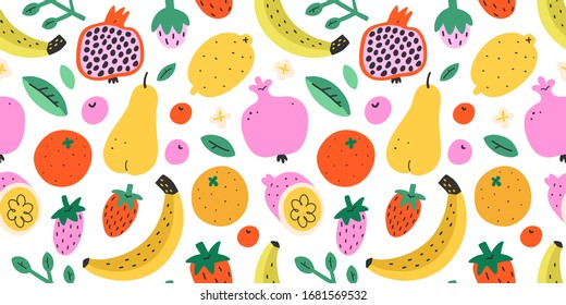 Summer fruit pattern, cute cartoon doodles, fresh tropical fruit mix, colorful background, seamless vector ornament, banana, pomegranate and strawberry, sweet food texture, trendy flat cartoon 