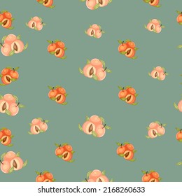 Sommerfruchtmuster. Frische Gartenfrüchte doodle, biologisch biologisches veganisches Essen auf grünem Hintergrund. Cute Cartoon Vektorgrafik.