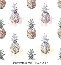 Summer fruit pattern with repeating pineapple sketches on a white background