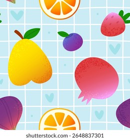 Summer fruit pattern. Seamless vector print with colorful fruits and berries.