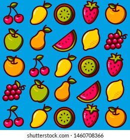 Summer Fruit Pattern. Sweet fruit mango, apple, banana, pear, strawberry, kiwi, orange, watermelon, cherry