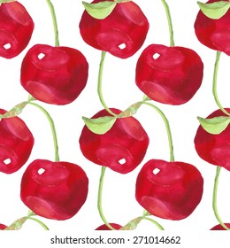 Summer fruit pattern. Watercolor cherry pattern. Watercolor pattern for design, fabric labels for jam, cream.