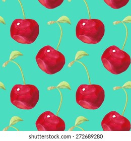 Summer fruit pattern. Watercolor cherry pattern. Watercolor pattern for design, fabric labels for jam, cream.