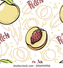 Summer fruit peach banner. Vector sketch illustration. Exotic leaves nectarine pattern. Pastel color print. Doodle sweet texture. Botanical jungle floral background. Beach nature collection