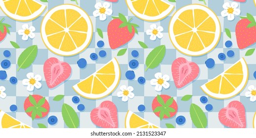 Summer fruit picnic seamless pattern illustration. Retro nature food ingredient cartoon background. Fresh lemon, strawberry and blueberry fruits backdrop.