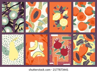 Summer fruit, plant branches and leaves in art patterns set vector illustration. Abstract hand drawing tropical nature in poster collection with fresh kiwi melon pear pomegranate mango lemon apricot