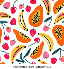 Summer fruit plate, colorful juicy exotic fruits and berries, strawberry and papaya, banana and cherry, vector seamless pattern. Delicious fresh fruits in cartoon abstract style. Vibrant summer print 
