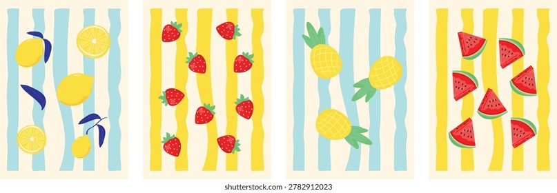 Summer fruit poster set with lemons strawberries pineapples and watermelon