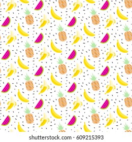 Summer fruit salad pattern with bananas, pineapples and watermelons. Seamless vector tropical background. Juicy exotic texture for fabric and apparel.