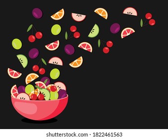 Summer fruit salad.Fruit  ingredients in the air.Vector illustration