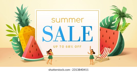 Summer fruit sale promotion poster. Paper art style summer sale white board with miniature hula dancers in front surrounded by tropical fruits and leaves