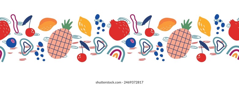 Summer fruit seamless border. Pineapple, pomegranate, mango, lemon, cherry and abstract elements. Modern vector illustration for your design