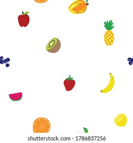 Summer Fruit Seamless Pattern - Banana, Strawberry, Kiwi, Apple, Pineapple, Watermelon, Orange, Blueberries, Orange, Lemon. 