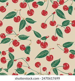 Diseño de patrón y tarjeta sin costuras de fruta de verano con cereza y hojas, Fondo de pantalla de temporada, diseño lindo para la tela, decoración interior, papel de embalaje, Vector de pintura