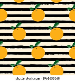 Summer fruit seamless pattern with fresh oranges and green leaves on a striped backdrop. Cartoon vector background with stylized citrus fruits, suitable for wallpaper design, wrapping paper, fabric