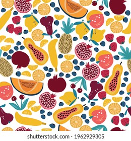 Summer fruit seamless pattern with fruits such as pineapple, banana, pomegranate, strawberry, lemon, orange, tangerine, blueberry, pepper, pear and melon. Vector illustration