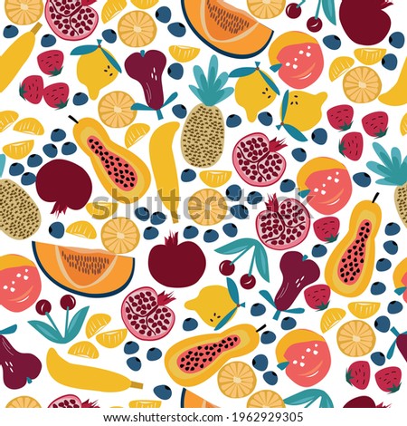 Summer fruit seamless pattern with fruits such as pineapple, banana, pomegranate, strawberry, lemon, orange, tangerine, blueberry, pepper, pear and melon. Vector illustration