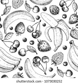 Summer fruit seamless pattern. Hand drawn vintage vector background. Fruit and berry set of banana, cherry, srawberry, blueberry. Detailed organic food drawing. Great for menu, print, wallpaper fabric