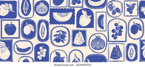 Summer fruit seamless pattern hand drawn tropical citrus background vintage blue mosaic floral print. Nature organic decorative tile texture, lemon, apple, grapes silhouette. Textile fruit pattern