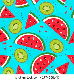 summer fruit seamless pattern. juicy slices of watermelon and kiwi on a blue background. vector illustration