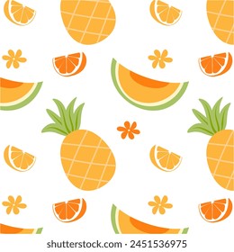 Summer fruit seamless pattern with melon, pineapple, and citrus on a white background. Vector illustration