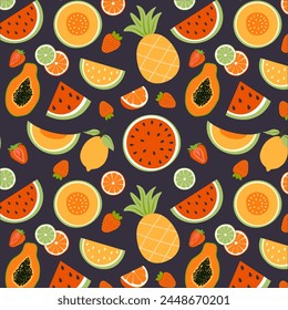 Summer fruit seamless pattern with papaya, watermelon, melon, pineapple, strawberry and citrus on a dark background. Vector illustration