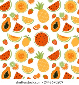 Summer fruit seamless pattern with papaya, watermelon, melon, pineapple, strawberry and citrus on a white background. Vector illustration