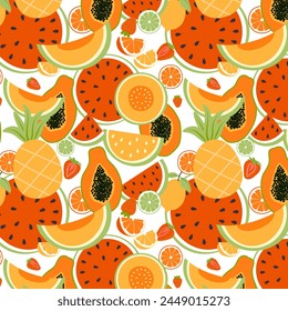 Summer fruit seamless pattern with papaya, watermelon, melon, pineapple, strawberry and citrus on a white background. Vector illustration