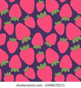 Summer fruit seamless pattern with pink strawberries, on a dark blue background. Vector illustration