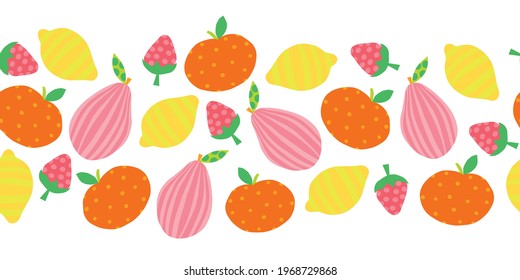 Summer Fruit seamless vector border. Abstract pear apple lemon strawberry repeating horizontal pattern cute bright colorful . For summer decor, fabric trim, footer, header, summer party, invites