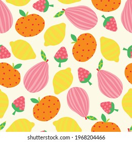 Summer Fruit seamless vector pattern. Abstract pear apple lemon strawberry repeating background cute bright colorful . For summer decor, fabric, fashion, kids wear, kitchen, surface pattern design.